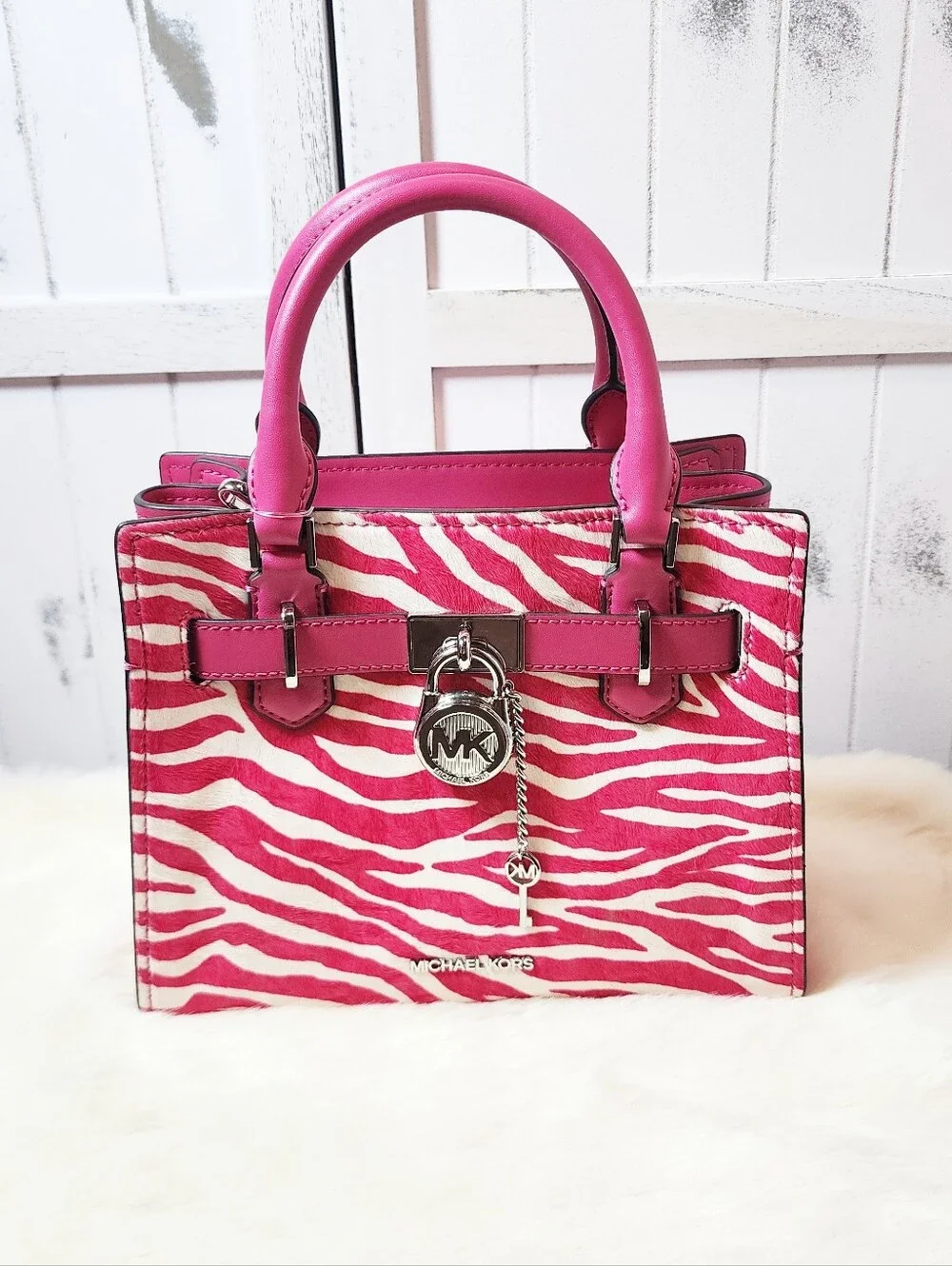 Michael Kors Small Hamilton Pink Zebra Calf-Hair Crossbody Bag